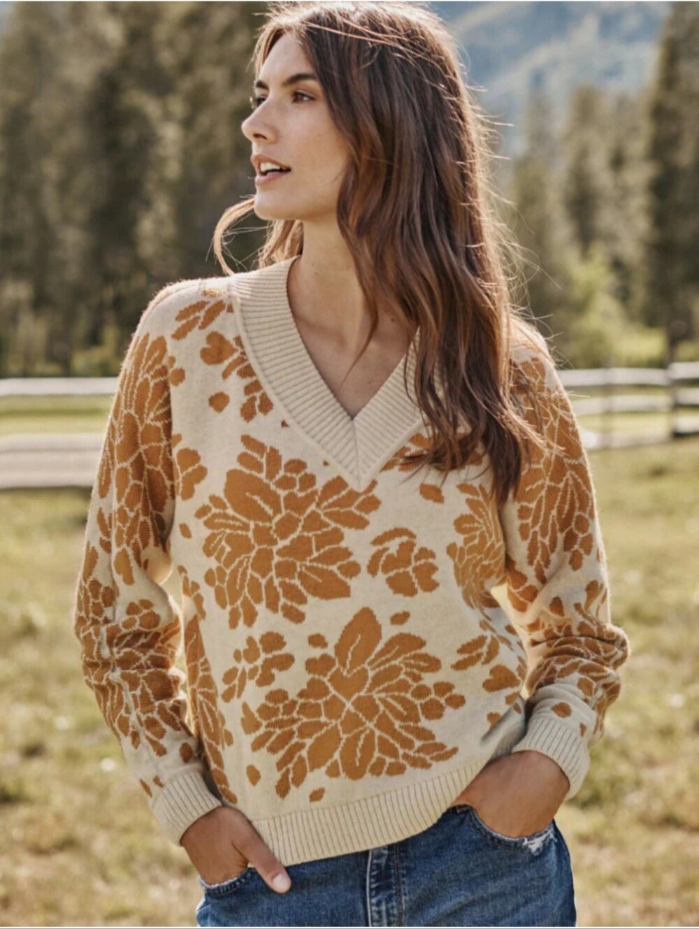 Garnet Hill Floral V-Neck Knit Sweater - Baby Alpaca Blend